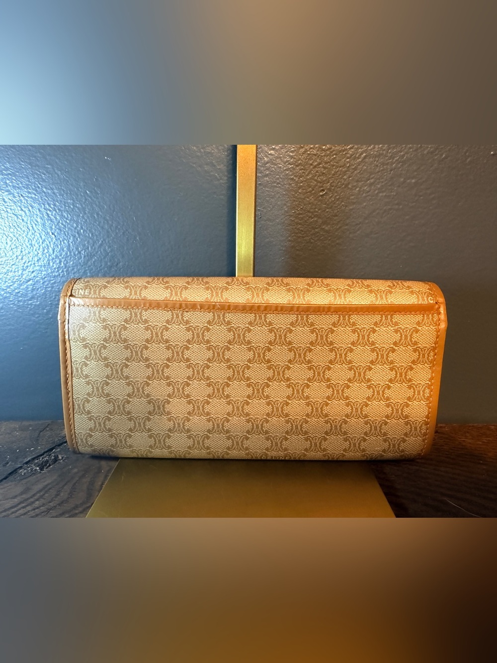 Celine Beige Tan Triomphe Macadam Kiss-lock Wallet with Gold Logo - Picture 2 of 7